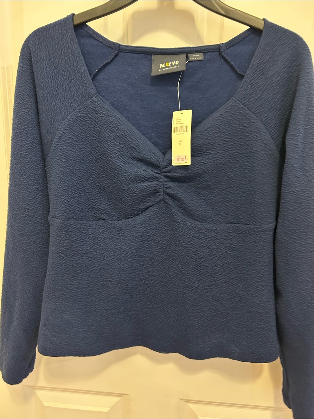Anthropologie Maeve Deep Navy V-Neck Textured Long Sleeve Top